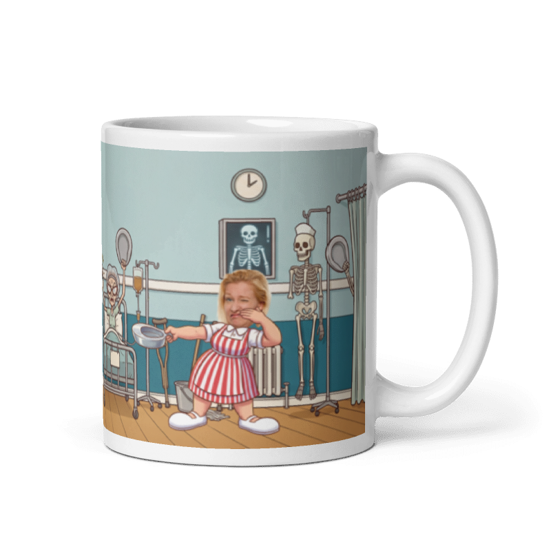 Candy striper photo mug with the handle on the right, a real face printed on the cartoon volunteer holding out a bedpan