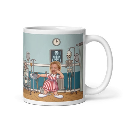 Candy striper photo mug with the handle on the right, a real face printed on the cartoon volunteer holding out a bedpan