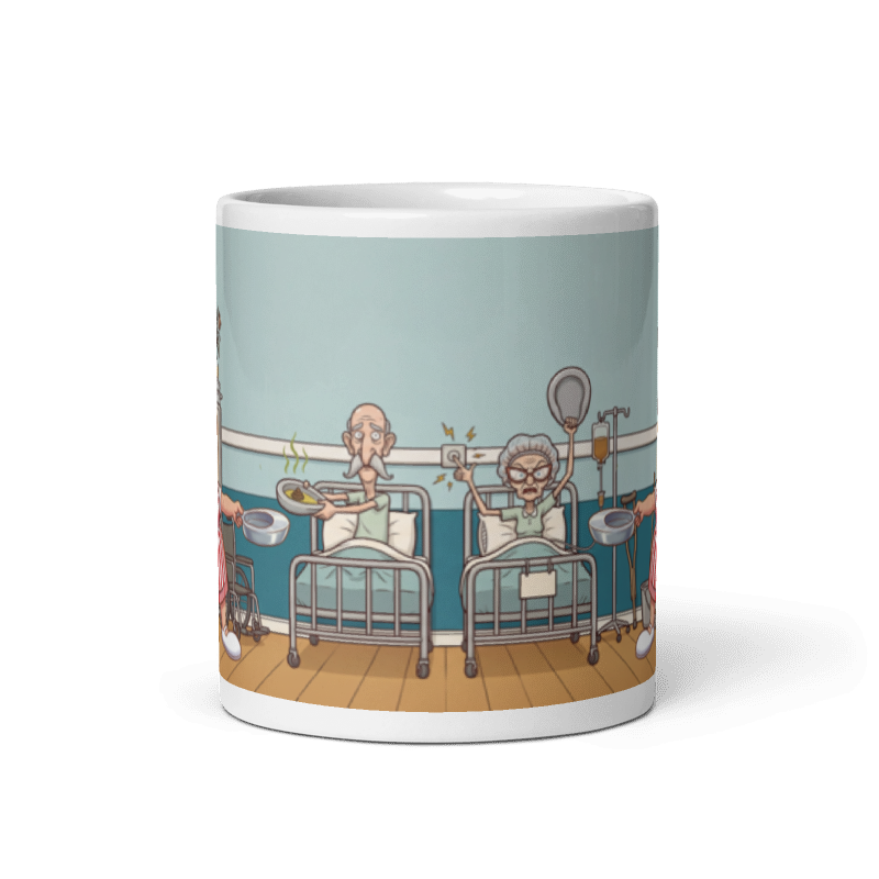 Back of the candy striper mug showing the wraparound ward scene with two patients glaring from their beds