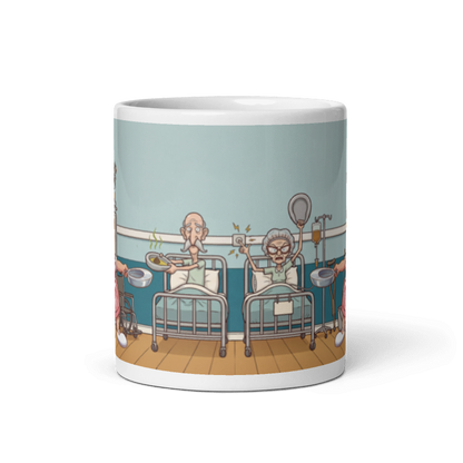 Back of the candy striper mug showing the wraparound ward scene with two patients glaring from their beds