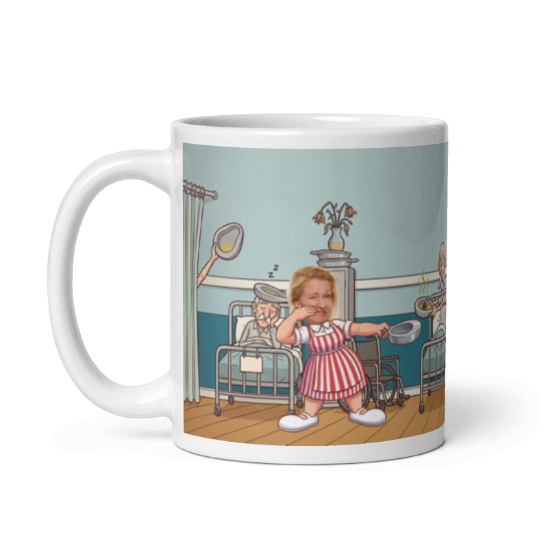 The same candy striper mug with the handle on the left, the face still showing on the volunteer