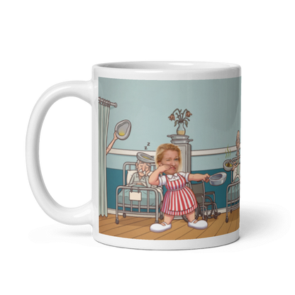 The same candy striper mug with the handle on the left, the face still showing on the volunteer