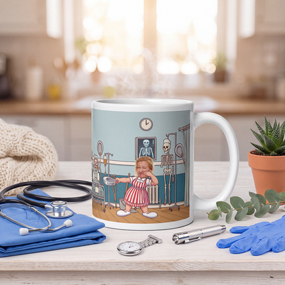 Personalized candy striper mug on a table with a stethoscope, folded scrubs, a fob watch and gloves