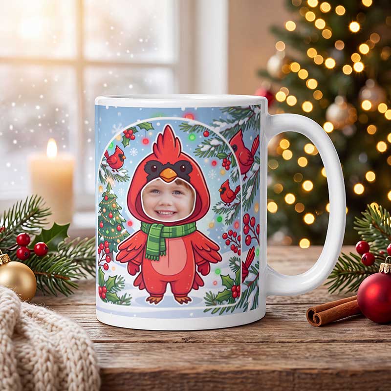Personalized cardinal mug on a wooden table with a lit Christmas tree and a frosted window behind