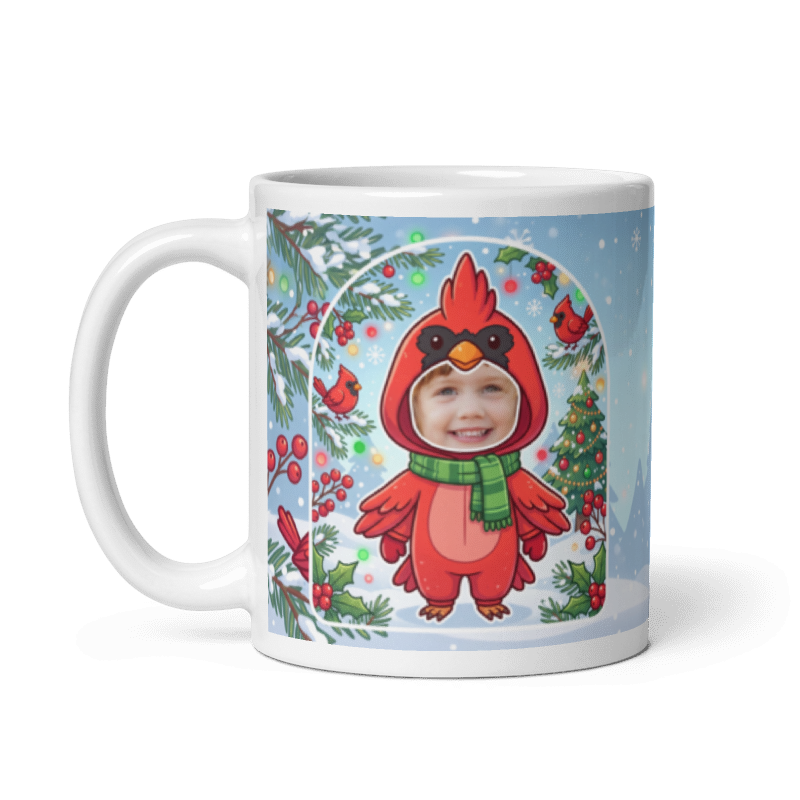 The same cardinal mug with the handle on the left, face still showing