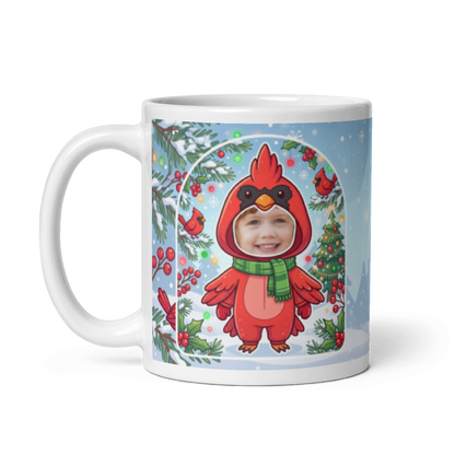 The same cardinal mug with the handle on the left, face still showing
