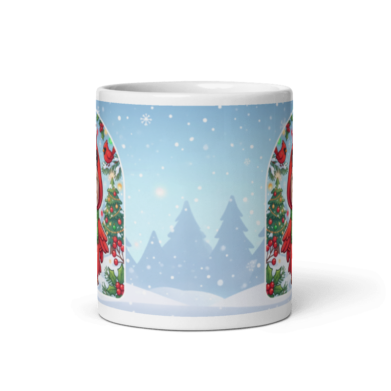 Back of the cardinal mug showing the wraparound snowy pine forest scene