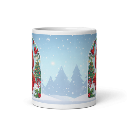 Back of the cardinal mug showing the wraparound snowy pine forest scene