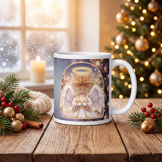 Personalized cat angel mug with a cat's face, on a wooden table with a lit Christmas tree and a frosted window behind