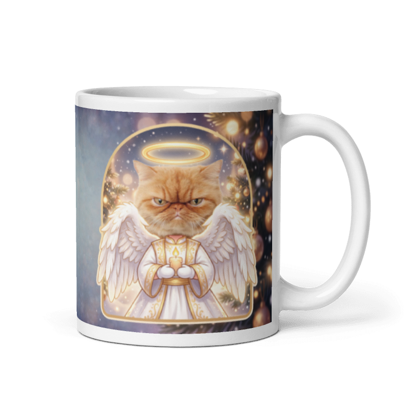Cat angel photo mug with the handle on the right, the cat's face printed on the front