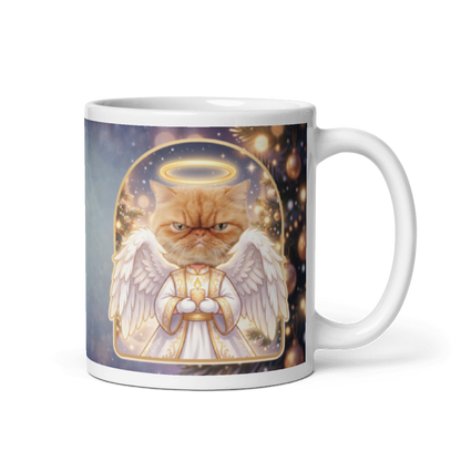 Cat angel photo mug with the handle on the right, the cat's face printed on the front