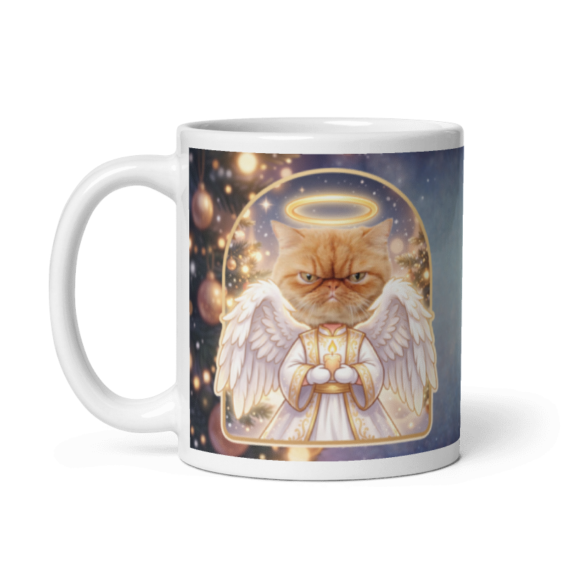 The same cat angel mug with the handle on the left, the cat's face still showing