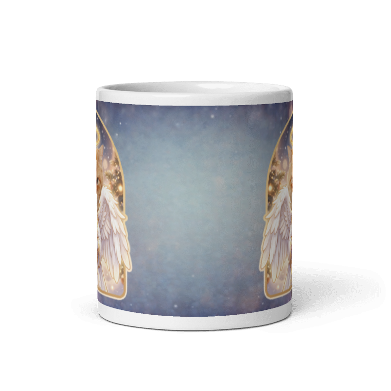 Back of the cat angel mug showing a soft blue starry sky
