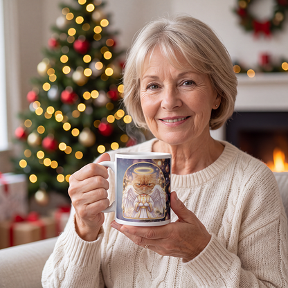Cat angel photo mug held in hand to show the size
