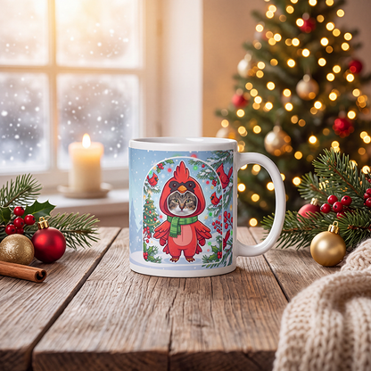 Personalized cat cardinal mug with a cat's face, on a wooden table with a lit Christmas tree and a frosted window behind
