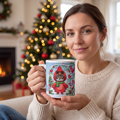 Cat cardinal photo mug held in both hands to show the size
