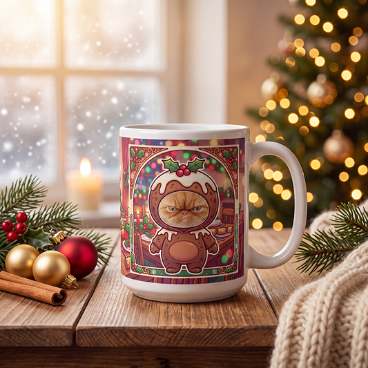 Personalized cat Christmas pudding mug with a cat's face, on a wooden table with a lit Christmas tree and a frosted window behind