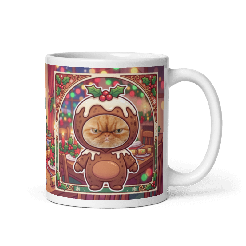 Cat Christmas pudding photo mug with the handle on the right, the cat's face printed on the front