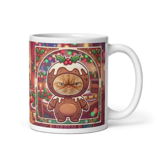 Cat Christmas pudding photo mug with the handle on the right, the cat's face printed on the front