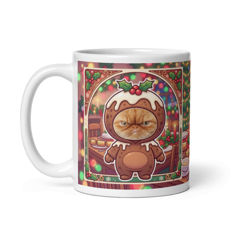 The same cat Christmas pudding mug with the handle on the left, the cat's face still showing
