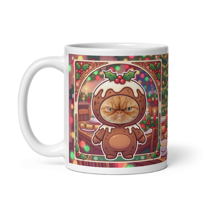 The same cat Christmas pudding mug with the handle on the left, the cat's face still showing