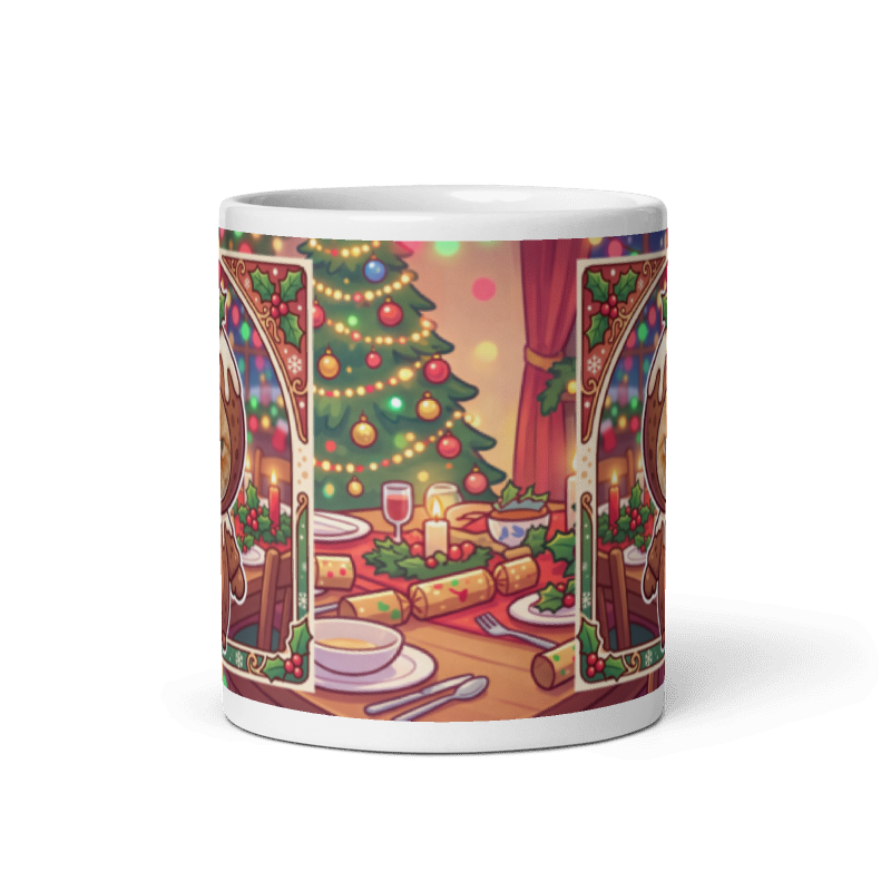 Back of the cat Christmas pudding mug showing a Christmas dinner table with crackers and a lit tree