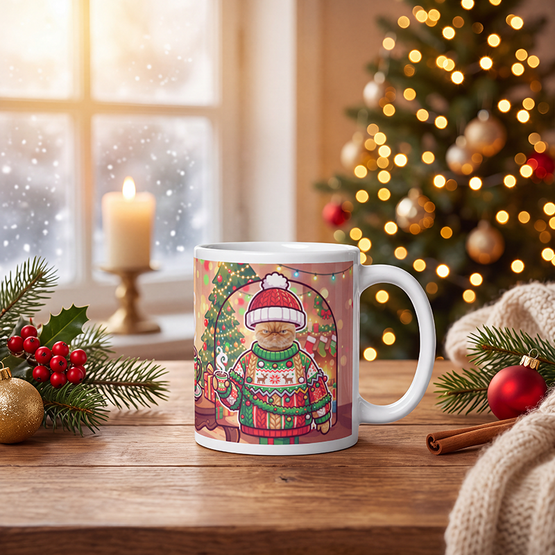 Personalized ugly Christmas sweater cat mug with a cat's face, on a wooden table with a lit Christmas tree and a frosted window behind