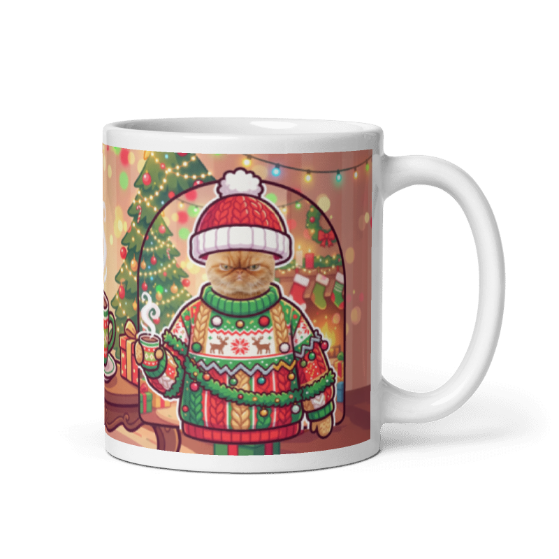 Cat Christmas sweater photo mug with the handle on the right, the cat's face printed on the front