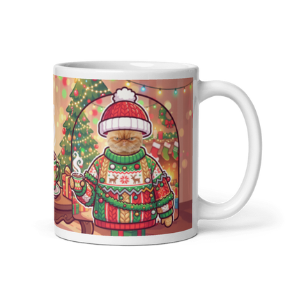 Cat Christmas sweater photo mug with the handle on the right, the cat's face printed on the front