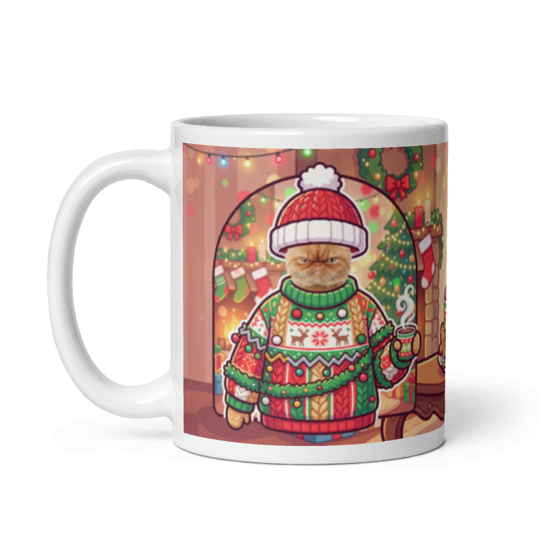 The same cat Christmas sweater mug with the handle on the left, the cat's face still showing