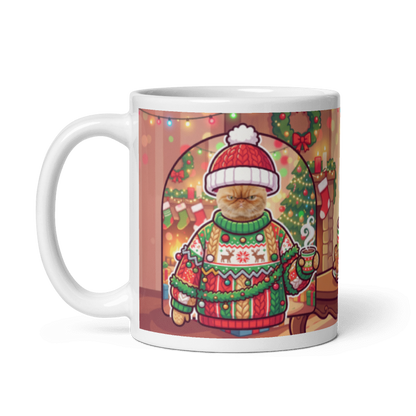 The same cat Christmas sweater mug with the handle on the left, the cat's face still showing