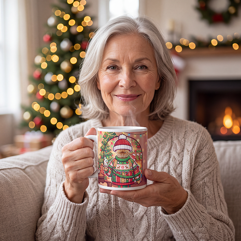 Cat Christmas sweater photo mug held in hand to show the size