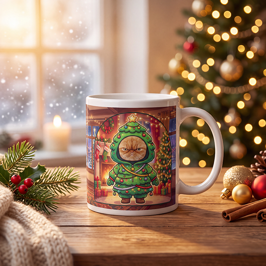 Personalized cat Christmas tree mug with a cat's face, on a wooden table with a lit Christmas tree and a frosted window behind