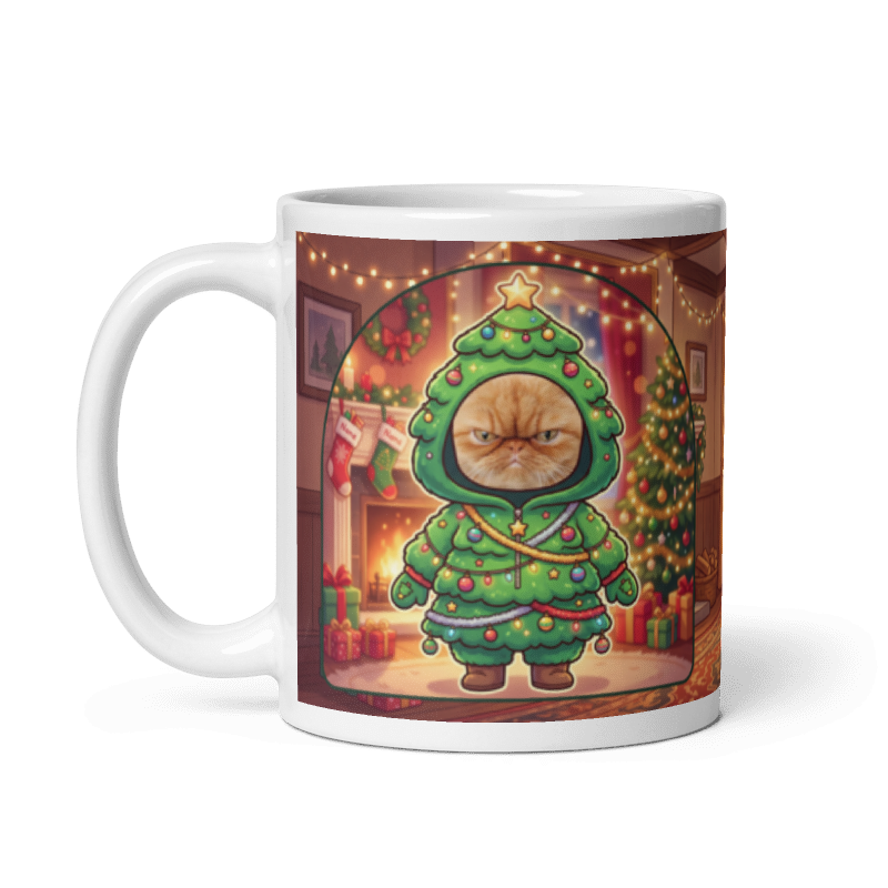The same cat Christmas tree mug with the handle on the left, the cat's face still showing