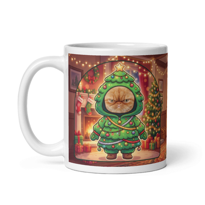 The same cat Christmas tree mug with the handle on the left, the cat's face still showing