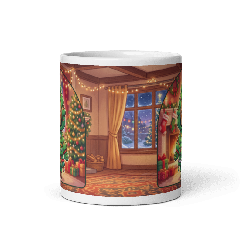 Back of the cat Christmas tree mug showing a cosy living room with fairy lights and a snowy window