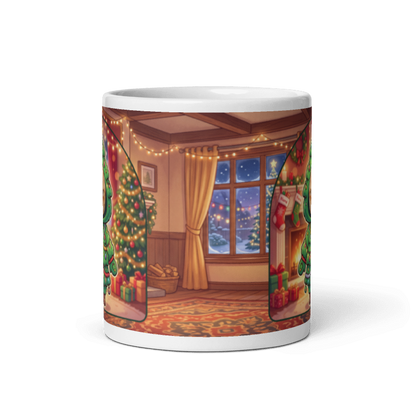 Back of the cat Christmas tree mug showing a cosy living room with fairy lights and a snowy window