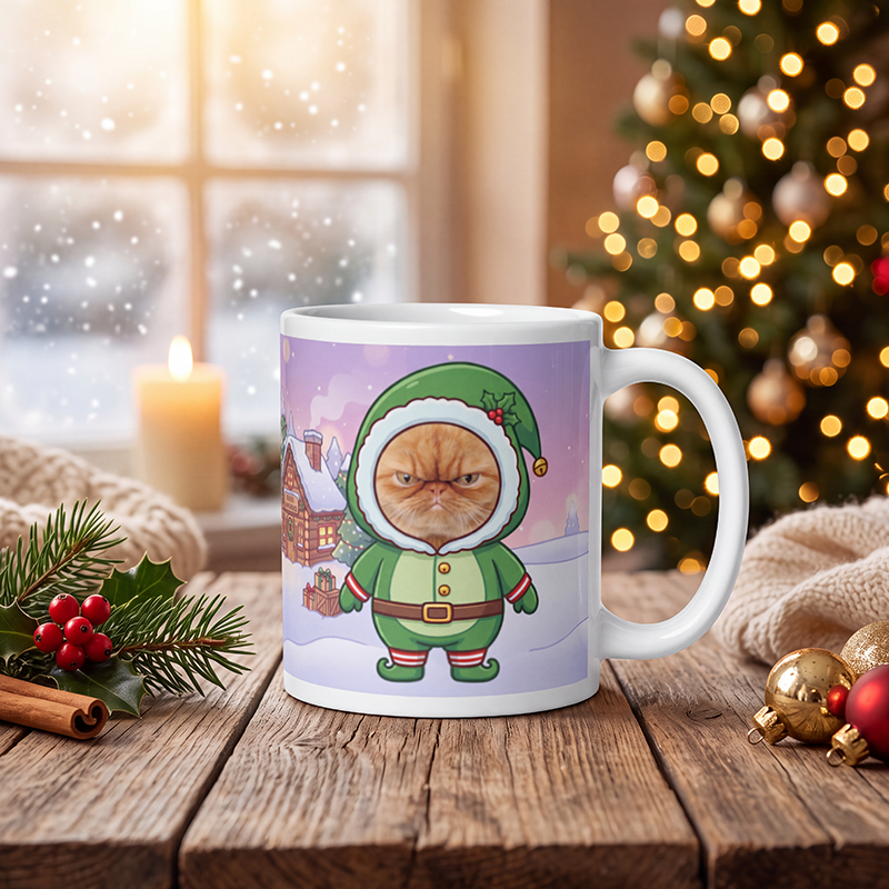 Personalized cat elf mug with a cat's face, on a wooden table with a lit Christmas tree and a frosted window behind