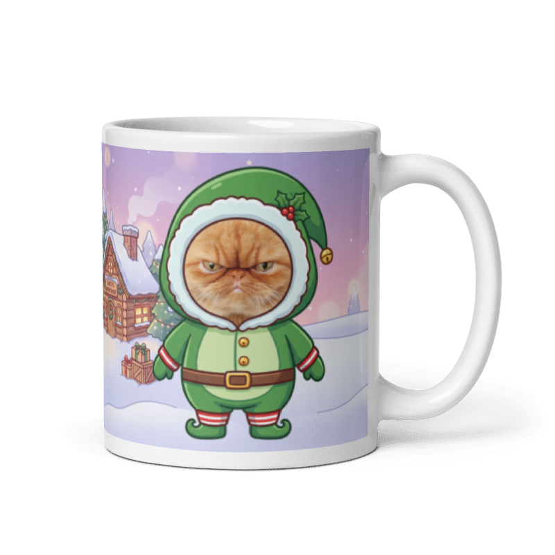 Cat elf photo mug with the handle on the right, the cat's face printed on the front