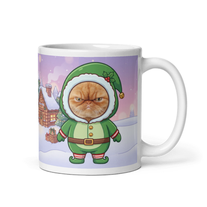 Cat elf photo mug with the handle on the right, the cat's face printed on the front
