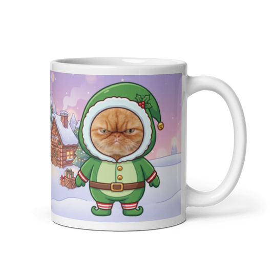 Cat elf photo mug with the handle on the right, the cat's face printed on the front