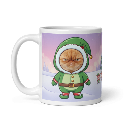 The same cat elf mug with the handle on the left, the cat's face still showing