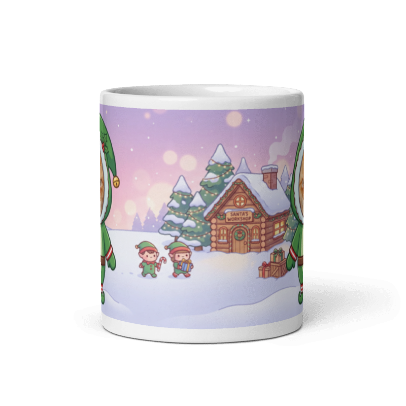 Back of the cat elf mug showing Santa's workshop in the snow with little elves carrying presents