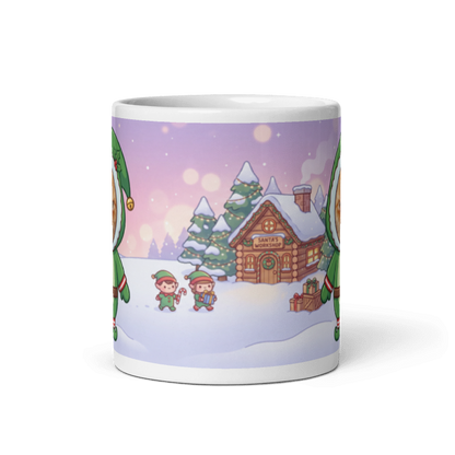 Back of the cat elf mug showing Santa's workshop in the snow with little elves carrying presents