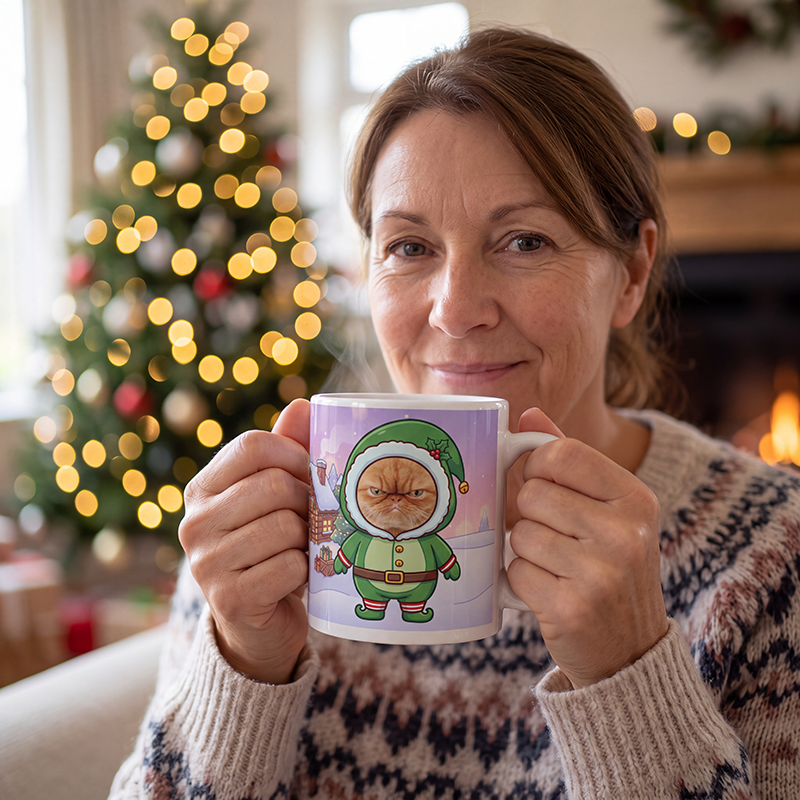 Cat elf photo mug held in both hands to show the size