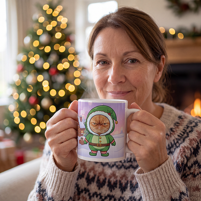 Cat elf photo mug held in both hands to show the size
