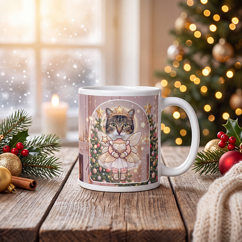 Personalized cat fairy mug with a cat's face, on a wooden table with a lit Christmas tree and a frosted window behind