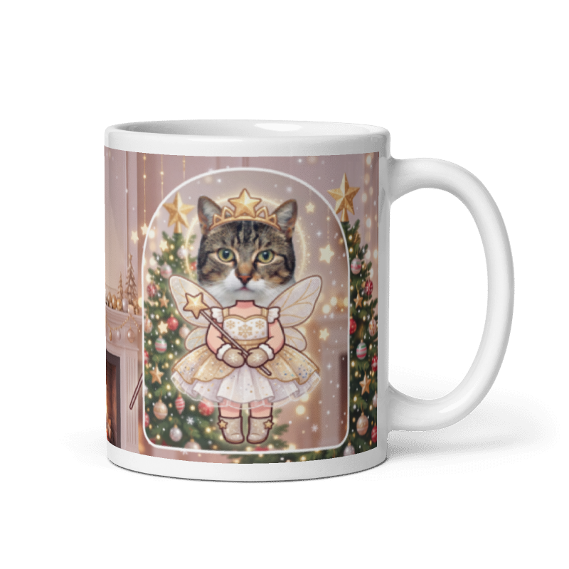 Cat fairy photo mug with the handle on the right, the cat's face printed on the front