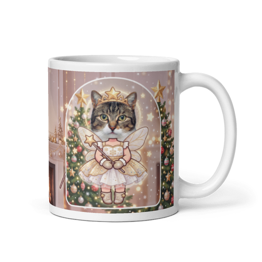 Cat fairy photo mug with the handle on the right, the cat's face printed on the front
