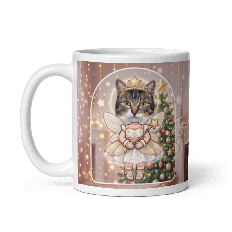 The same cat fairy mug with the handle on the left, the cat's face still showing